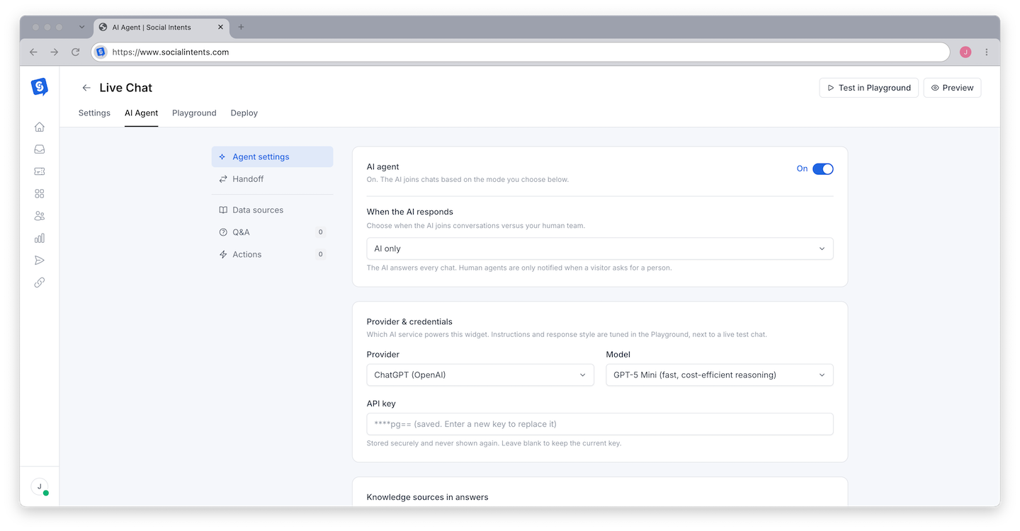 AI Agent tab showing provider and model selection with the bot identity settings