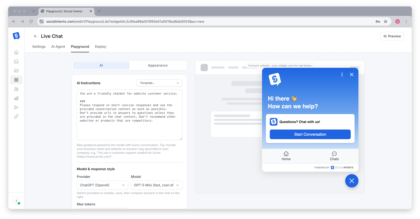 Playground with a test conversation beside the AI instruction editor