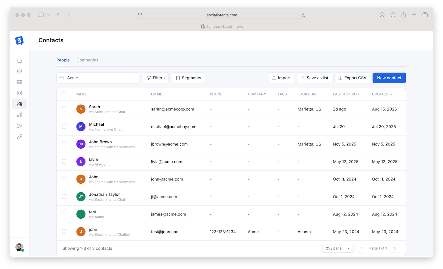 Contacts page showing the People and Companies tabs with contact profiles