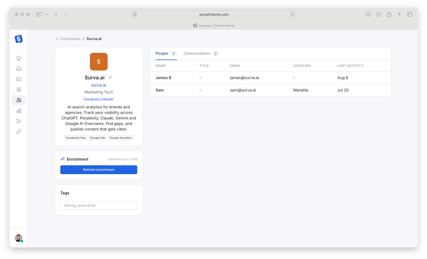 Company detail page showing members, conversations, and enriched company information