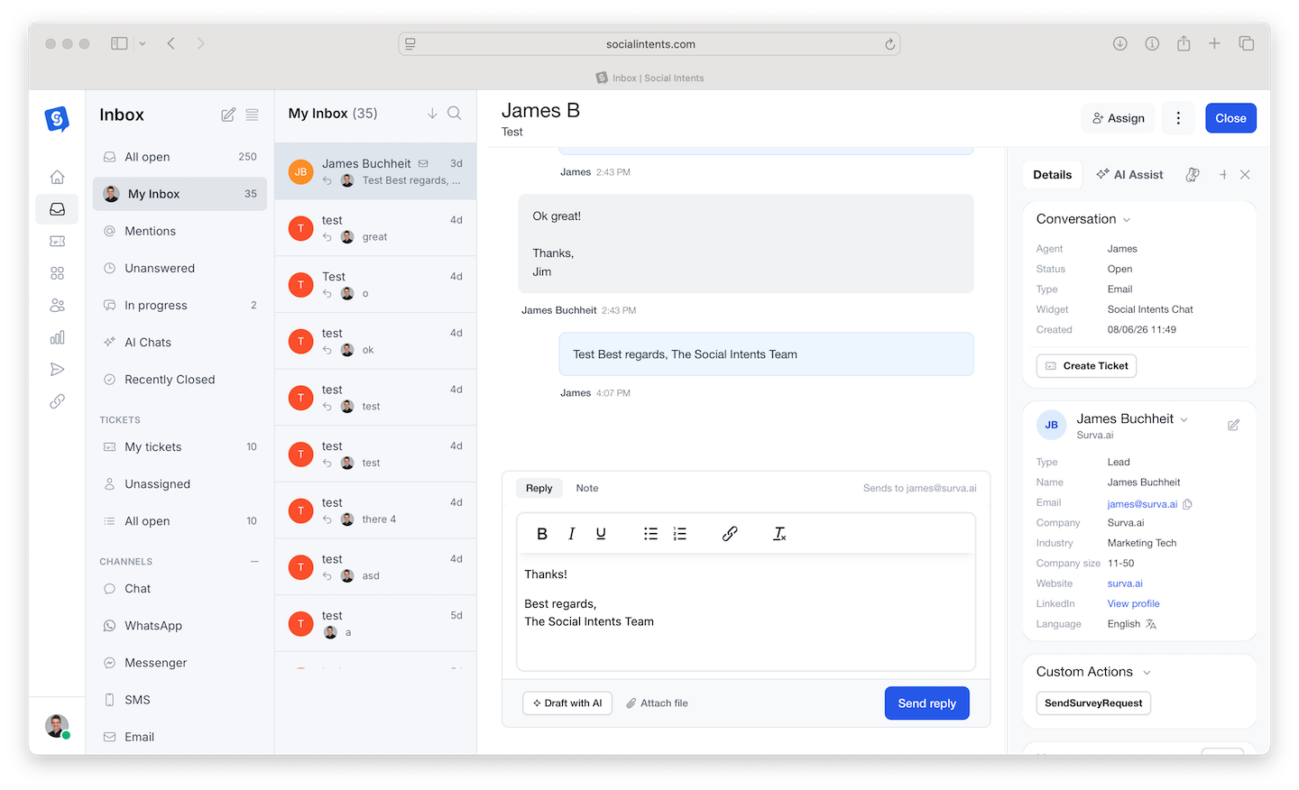 Inbox showing an email conversation with the reply composer and attachment option