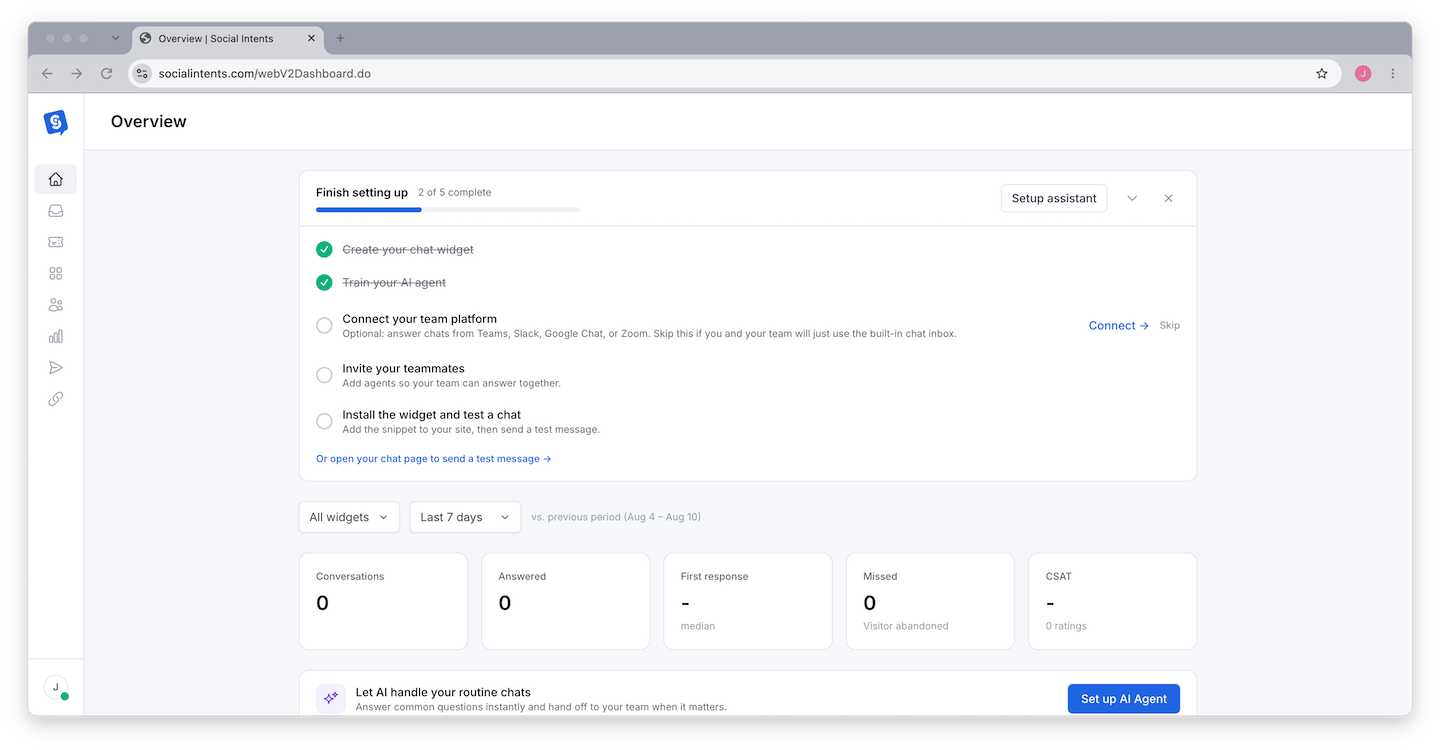 In-app getting started checklist showing completed setup steps