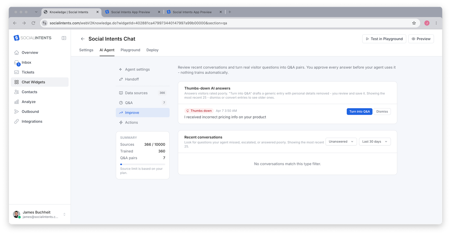 Improve tab listing thumbs-down feedback with options to generate corrected Q&A