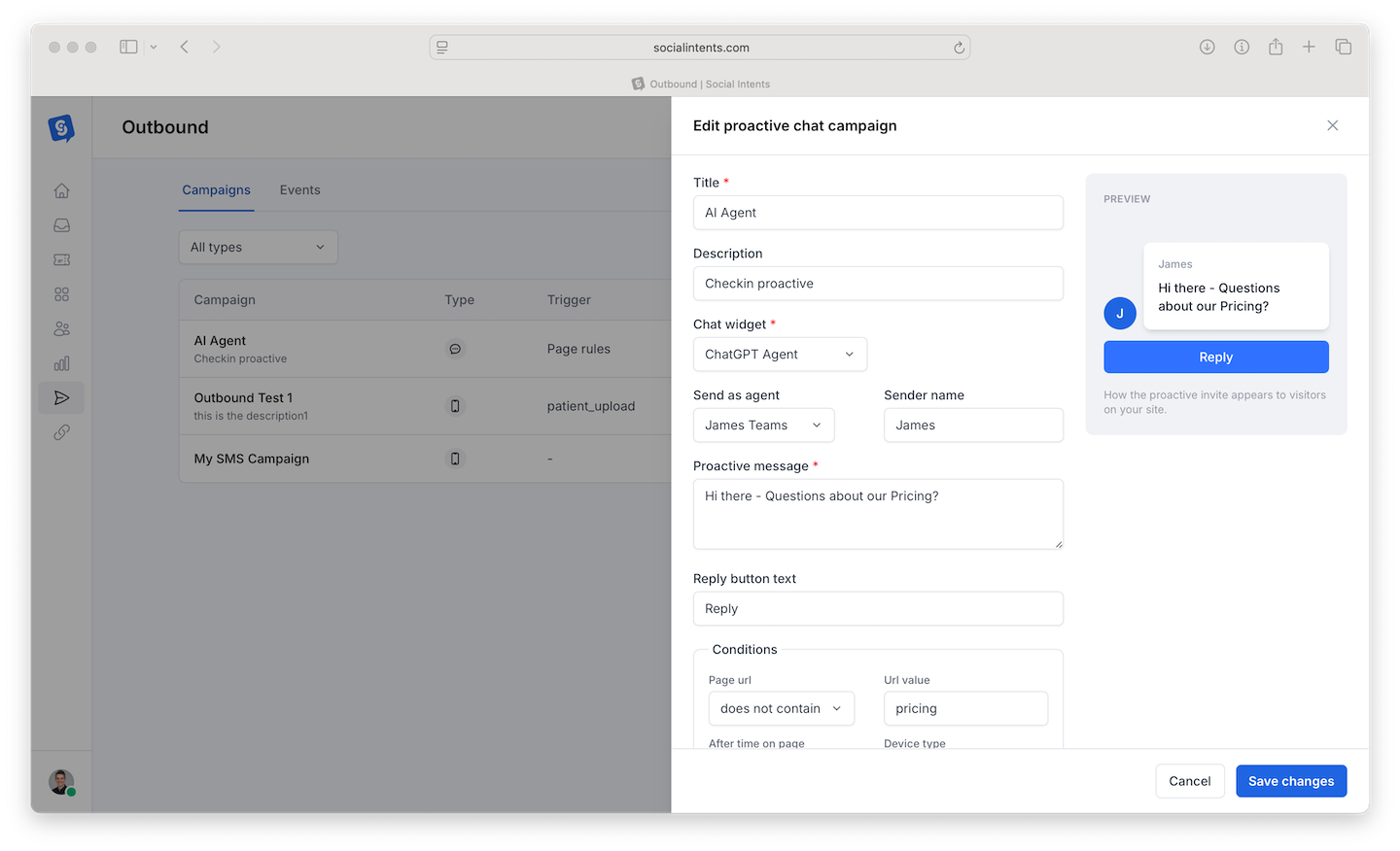 Outbound page showing campaign list with type badges and a new campaign form