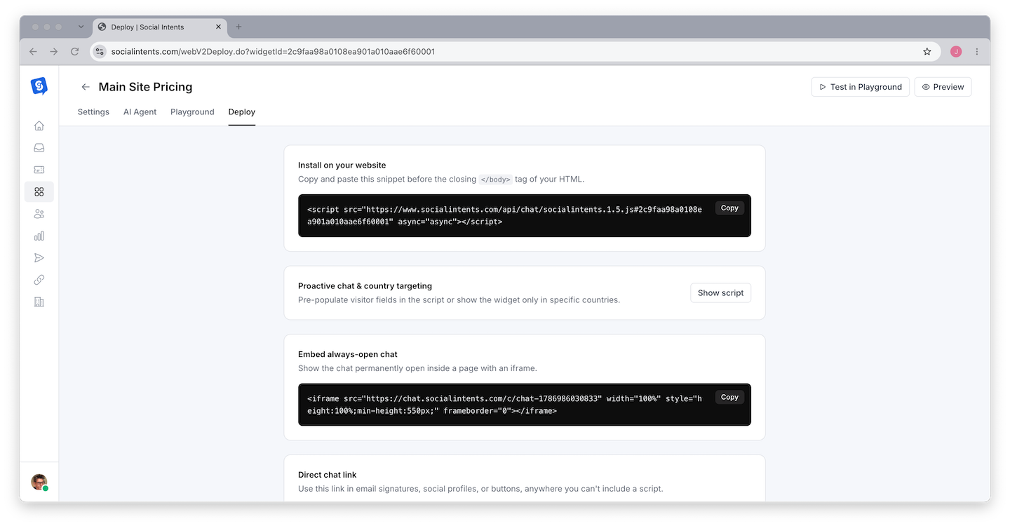 Deploy tab showing the copyable JavaScript install snippet